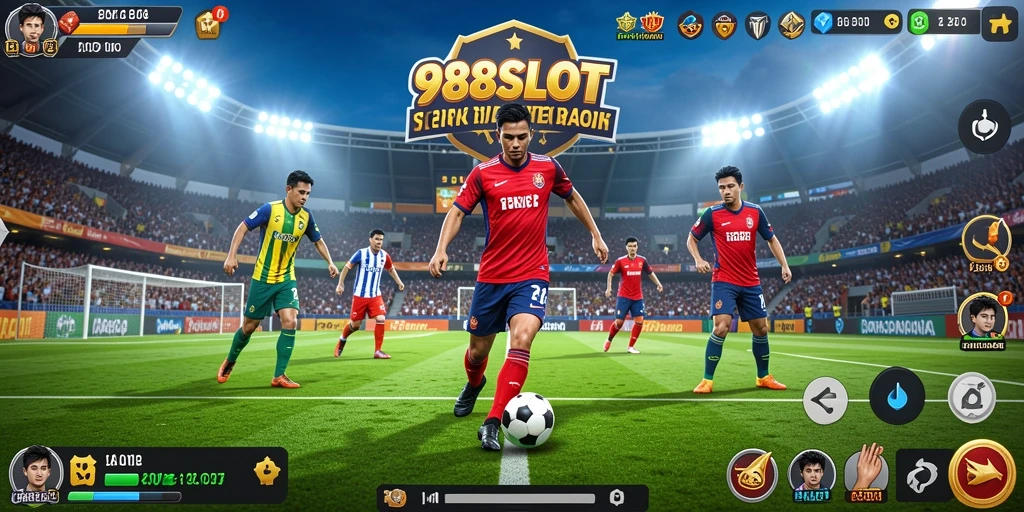 Tampilan gameplay yang intens dalam 988SLOT dengan aksi sepak bola seru.