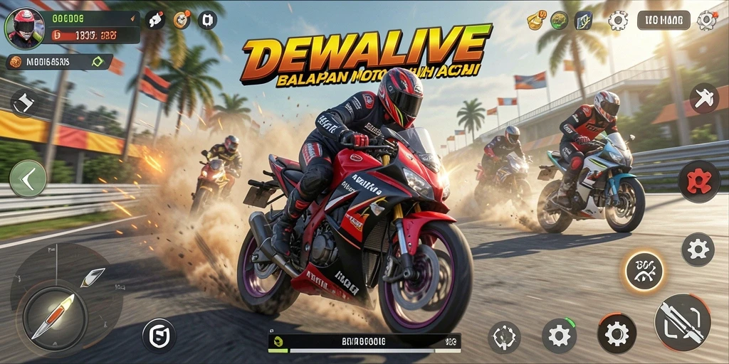 Tangkapan layar DEWALIVE menunjukkan aksi balapan motor yang intens dan mendebarkan.