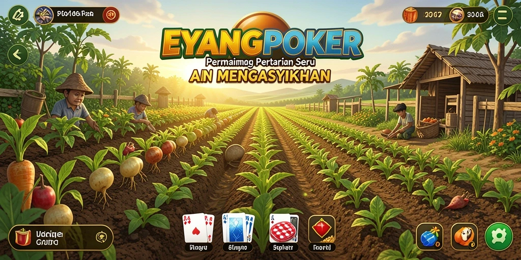 Tampilan gameplay menarik dari EYANGPOKER dengan aktivitas bertani yang seru.
