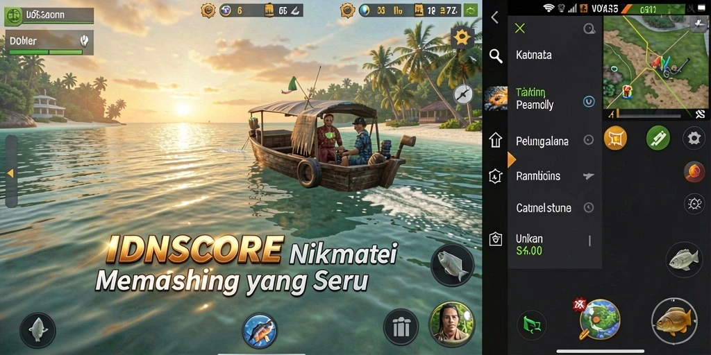 Screenshot gameplay IDNSCORE dengan suasana memancing yang menawan.