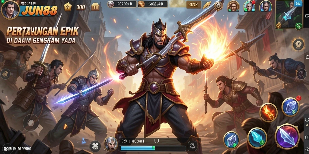 Tampilan gameplay pertarungan epik di JUN88 dengan karakter unik.