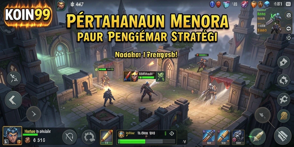 Screenshot permainan KOIN99 menampilkan aksi pertahanan menara yang intens.