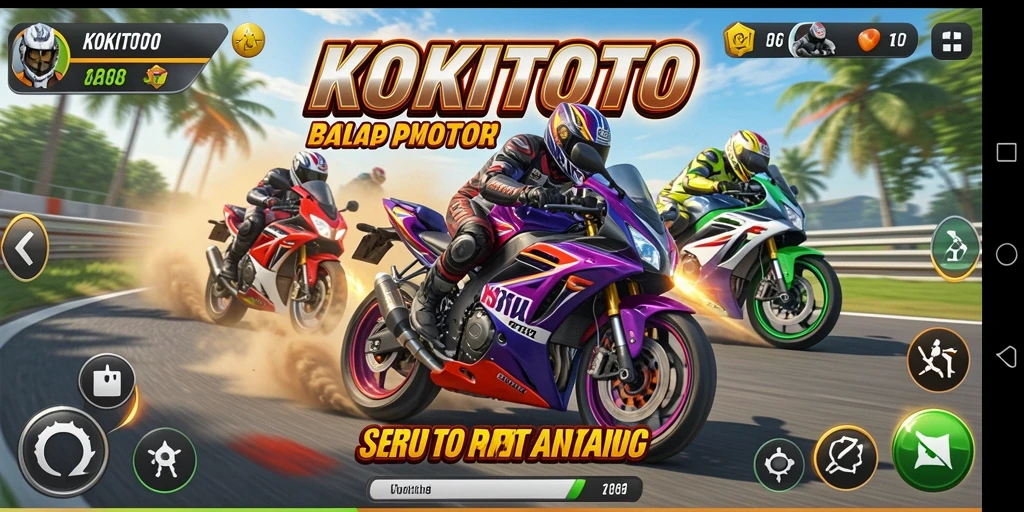 Screenshot gameplay KOKITOTO dengan aksi balap motor yang mendebarkan.