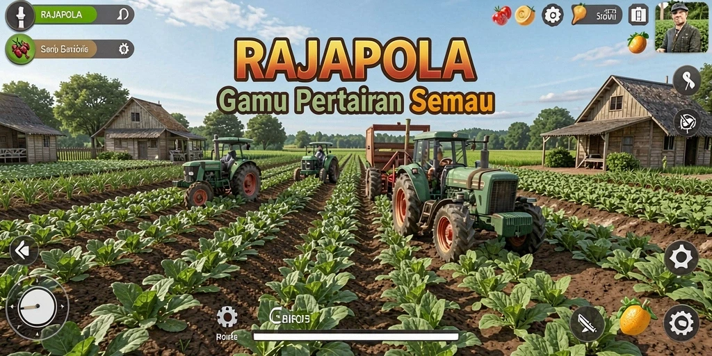Tampilan gameplay RAJAPOLA dengan ladang yang subur dan hewan ternak.