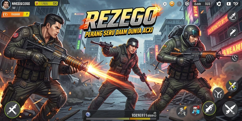 Tampilan gameplay seru dalam <strong>REZEGO</strong> di tengah pertempuran.
