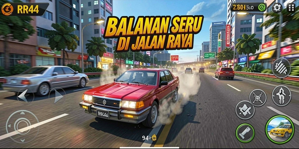 Screenshot gameplay RR44 menampilkan aksi balapan yang mendebarkan.