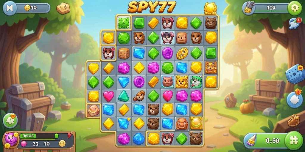 Gameplay seru SPY77 dengan elemen Match-3 yang penuh warna.