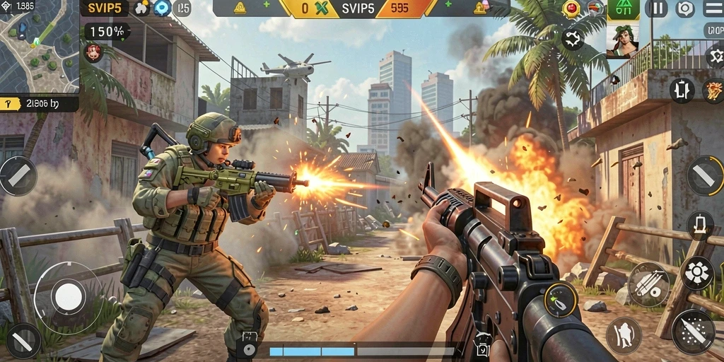 Tangkapan layar utama dari gameplay SVIP5 yang menampilkan aksi tembak-menembak mendebarkan.